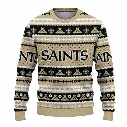 Personalized New Orleans Saints Tent Stripes Christmas Gold White AOP Sweatshirt - Moonbestprint
