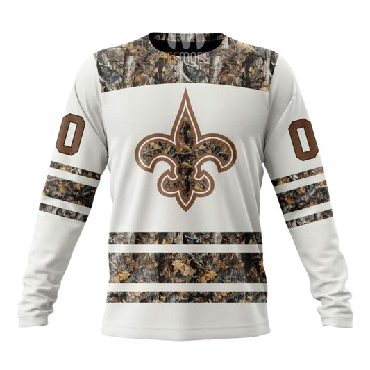 Personalized New Orleans Saints White Camo Hunting AOP Sweatshirt - Moonbestprint