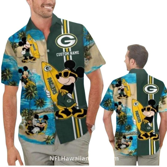Personalized Packers And Mickey Mouse Surfing Hawaiian Shirt - Moonbestprint