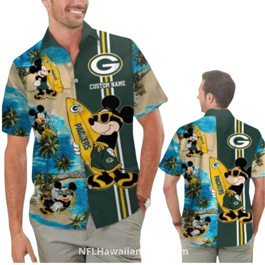 Personalized Packers And Mickey Mouse Surfing Hawaiian Shirt - Moonbestprint