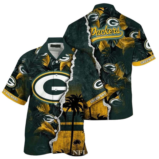 Personalized Palm Frond Fade Green Bay Packers Split Design Hawaiian Shirt - Moonbestprint