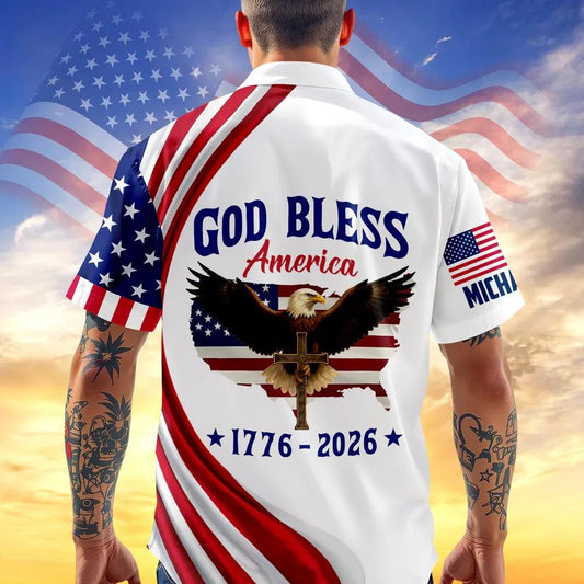Personalized Patriotic 250th Anniversary God Bless America Eagle 1776–2026 Hawaiian Shirt, 250th Anniversary Gift Moonbestprint