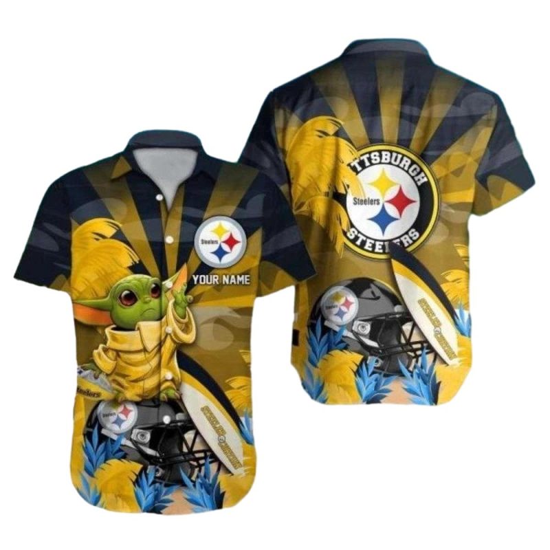 Personalized Pittsburgh Steelers And Baby Yoda Sunset Pattern Hawaiian Shirt - Moonbestprint