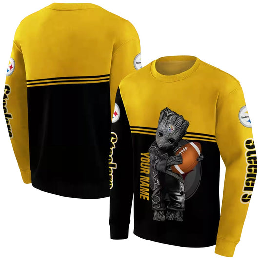 Personalized Pittsburgh Steelers Baby Groot Gold Black AOP Sweatshirt - Moonbestprint