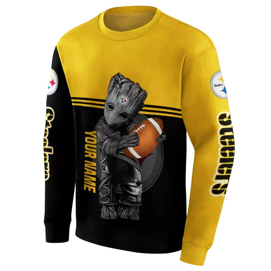 Personalized Pittsburgh Steelers Baby Groot Gold Black AOP Sweatshirt - Moonbestprint