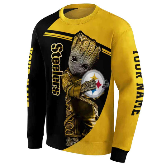Personalized Pittsburgh Steelers Baby Groot Hug Logo Gold AOP Sweatshirt - Moonbestprint
