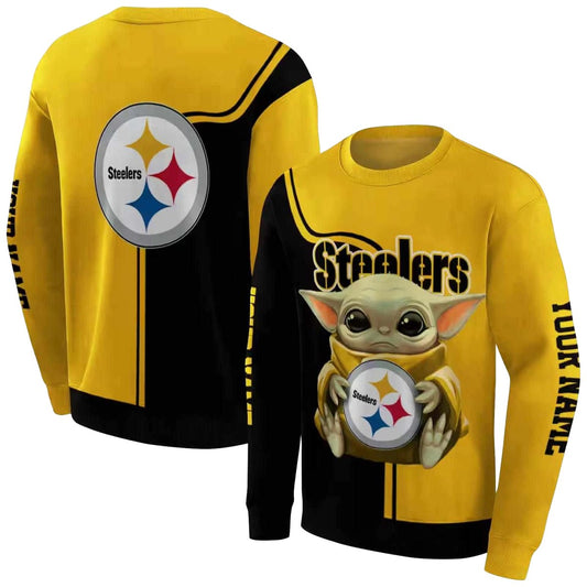 Personalized Pittsburgh Steelers Baby Yoda Hug Logo Gold Black AOP Sweatshirt - Moonbestprint