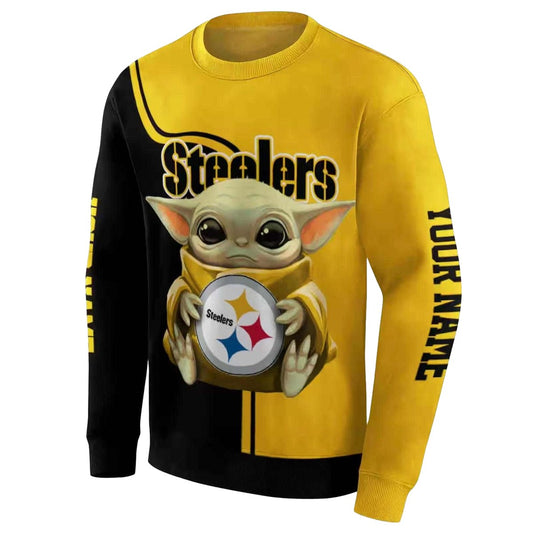 Personalized Pittsburgh Steelers Baby Yoda Hug Logo Gold Black AOP Sweatshirt - Moonbestprint