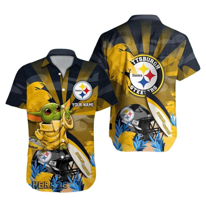 Personalized Pittsburgh Steelers Baby Yoda Loves Logo Sunset Pattern Hawaiian Shirt - Moonbestprint