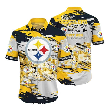 Personalized Pittsburgh Steelers Best Grandpa Ever Floral Hawaiian Shirt - Moonbestprint