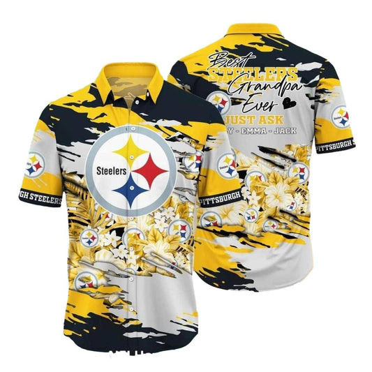 Personalized Pittsburgh Steelers Best Grandpa Ever Floral Hawaiian Shirt - Moonbestprint