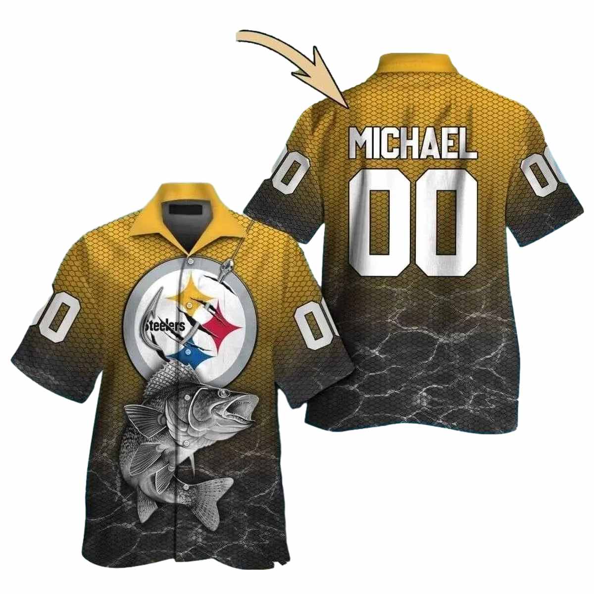 Personalized Pittsburgh Steelers Black And Gold Fish Hawaiian Shirt - Moonbestprint