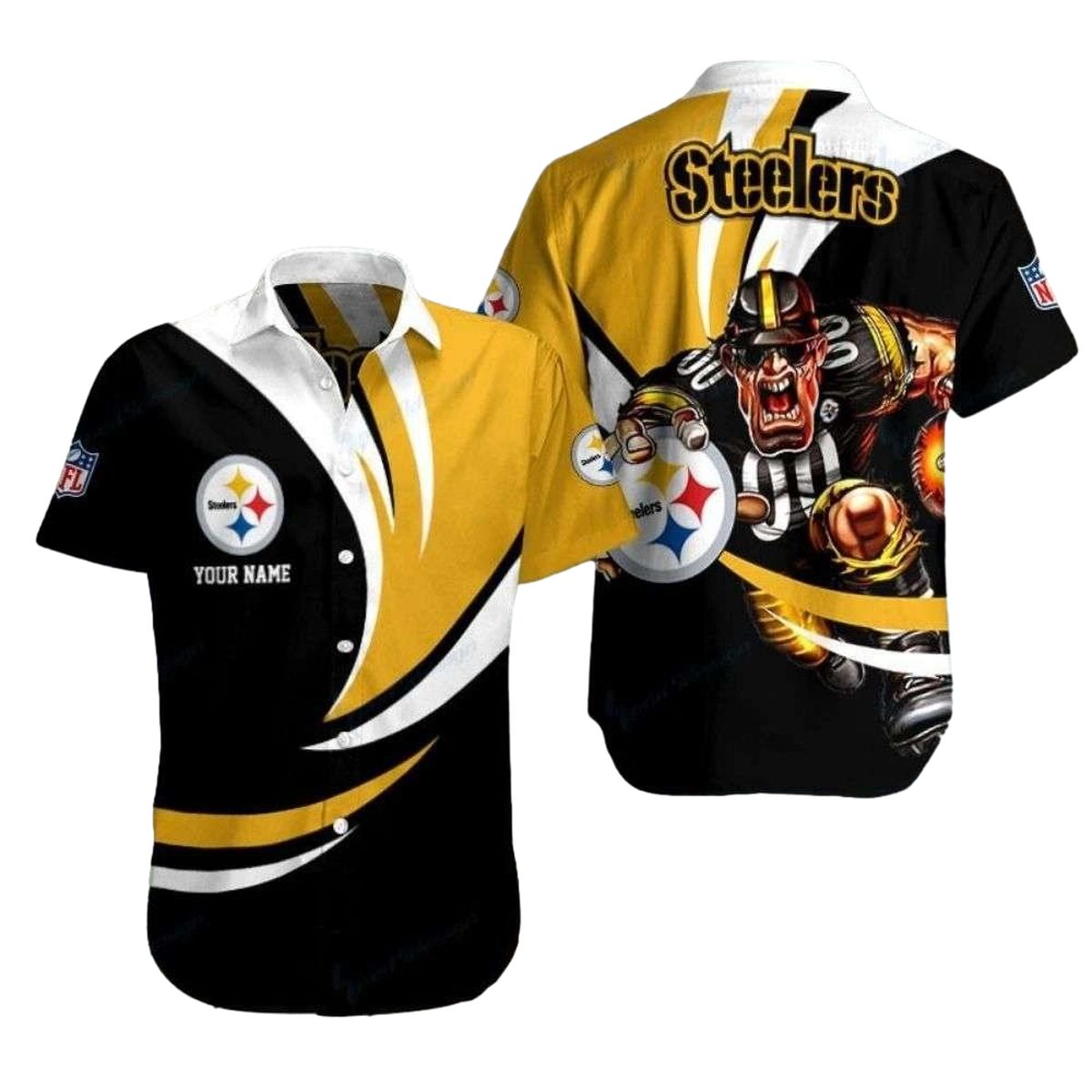 Personalized Pittsburgh Steelers Black White And Gold Mascot Hawaiian Shirt - Moonbestprint