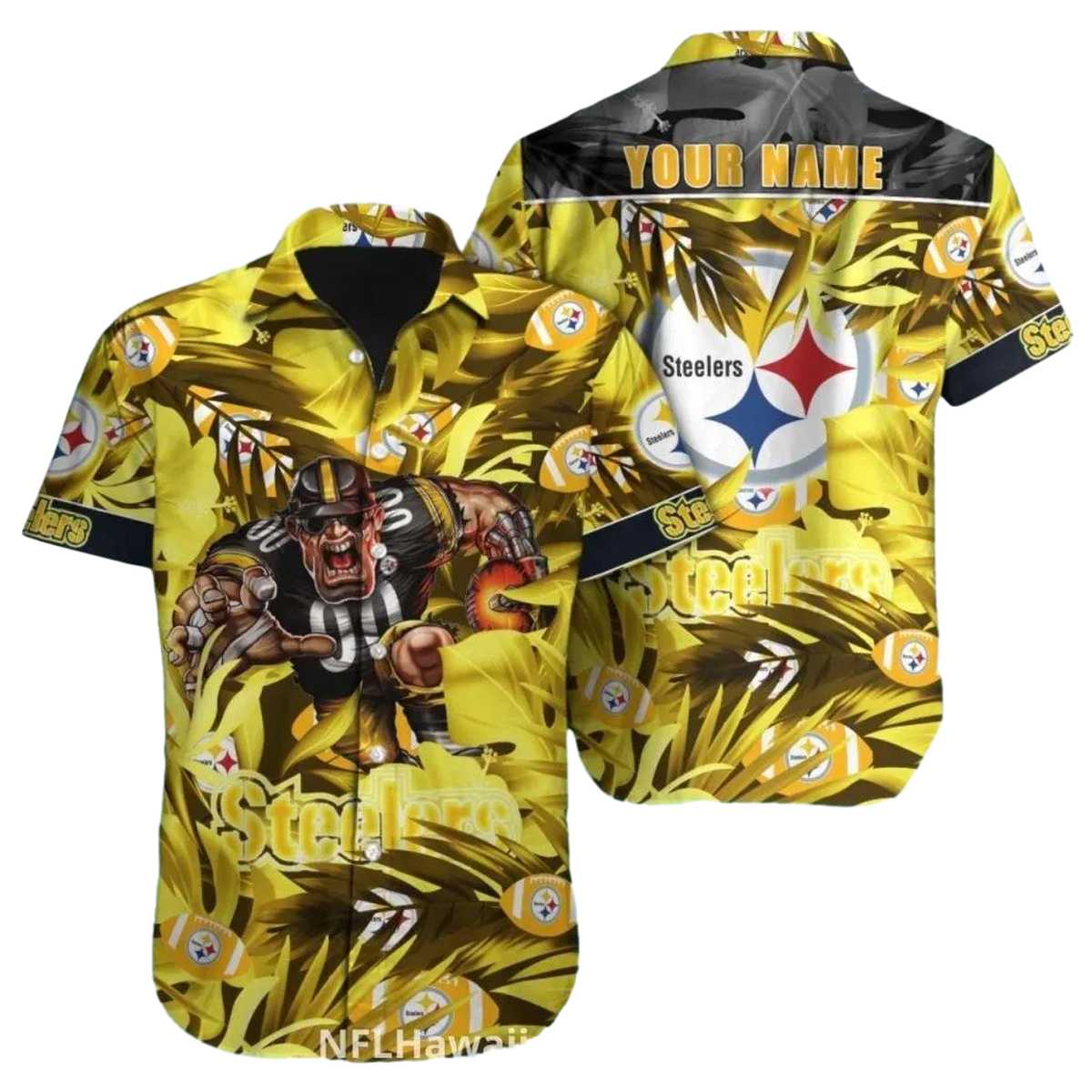 Personalized Pittsburgh Steelers Bold Palm Leaf And Mascot Hawaiian Shirt - Moonbestprint
