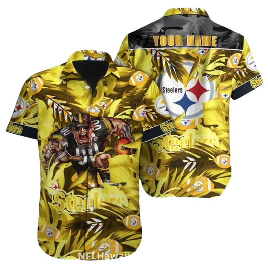 Personalized Pittsburgh Steelers Bold Palm Leaf And Mascot Hawaiian Shirt - Moonbestprint