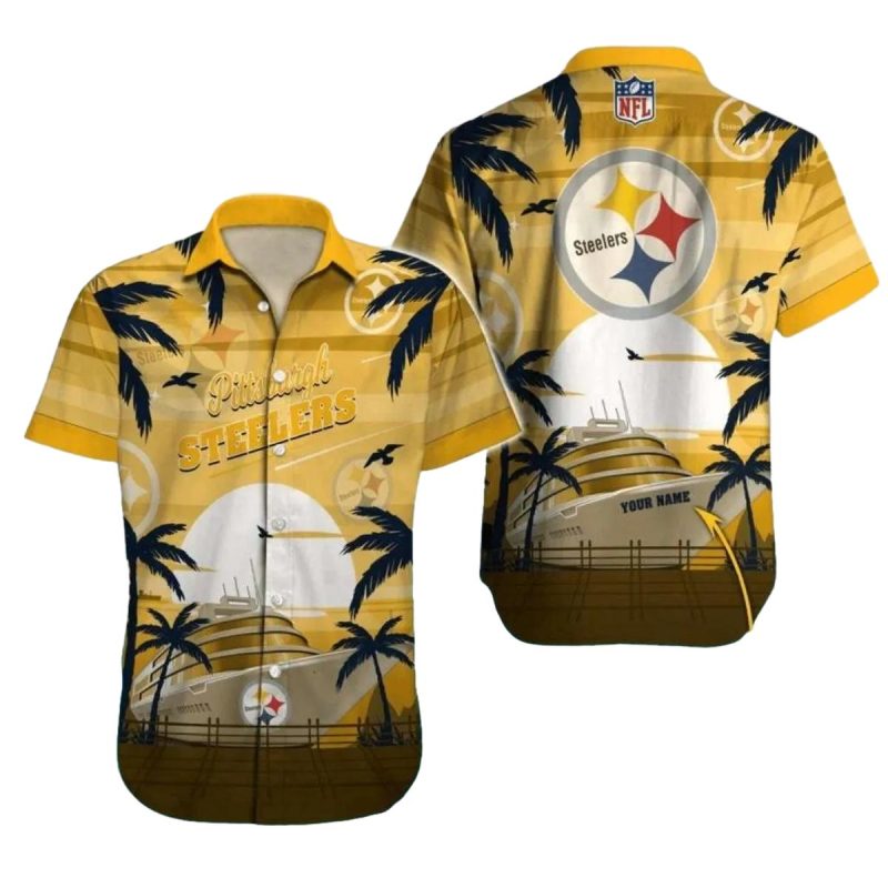 Personalized Pittsburgh Steelers Cruise Ship Sunset Palm Trees Hawaiian Shirt - Moonbestprint
