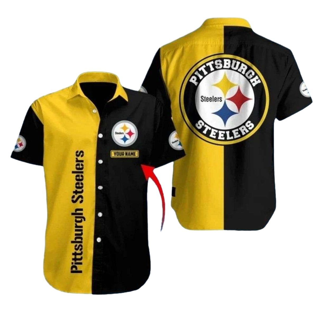 Personalized Pittsburgh Steelers Field Day Yellow And Black Split Hawaiian Shirt - Moonbestprint