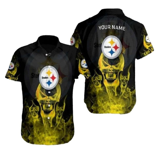 Personalized Pittsburgh Steelers Flame Skull Hawaiian Shirt - Moonbestprint