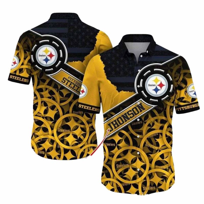 Personalized Pittsburgh Steelers Flaming Touchdown Multi Logo Black And Yellow Hawaiian Shirt - Moonbestprint