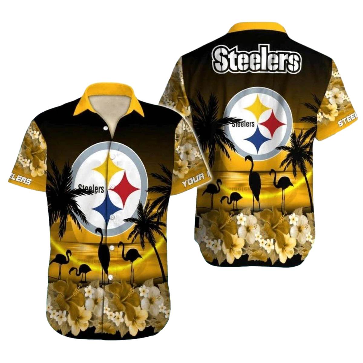 Personalized Pittsburgh Steelers Golden Sunset Flamingo Hawaiian Shirt - Moonbestprint
