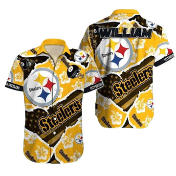 Personalized Pittsburgh Steelers Hibiscus And Football Helmet Mix Hawaiian Shirt - Moonbestprint