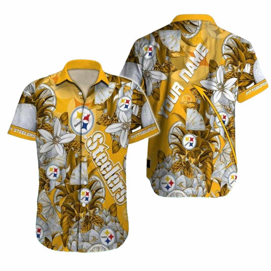 Personalized Pittsburgh Steelers Logo And Golden Pineapple Floral Hawaiian Shirt - Moonbestprint
