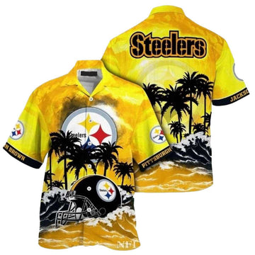 Personalized Pittsburgh Steelers Logo And Helmet Sunset Palms Beach Vibe Hawaiian Shirt - Moonbestprint