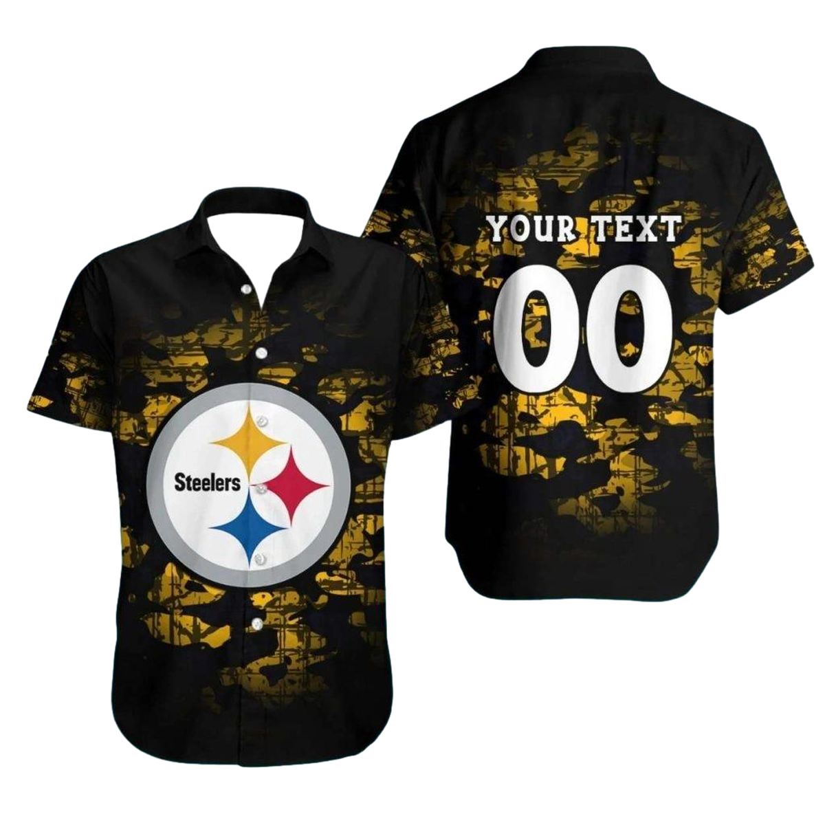 Personalized Pittsburgh Steelers Logo Camo Black Gold Hawaiian Shirt - Moonbestprint