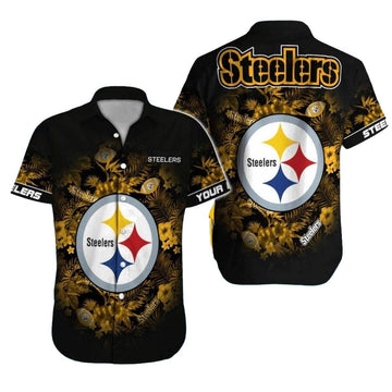Personalized Pittsburgh Steelers Logo Floral Black Retro Pattern Hawaiian Shirt - Moonbestprint