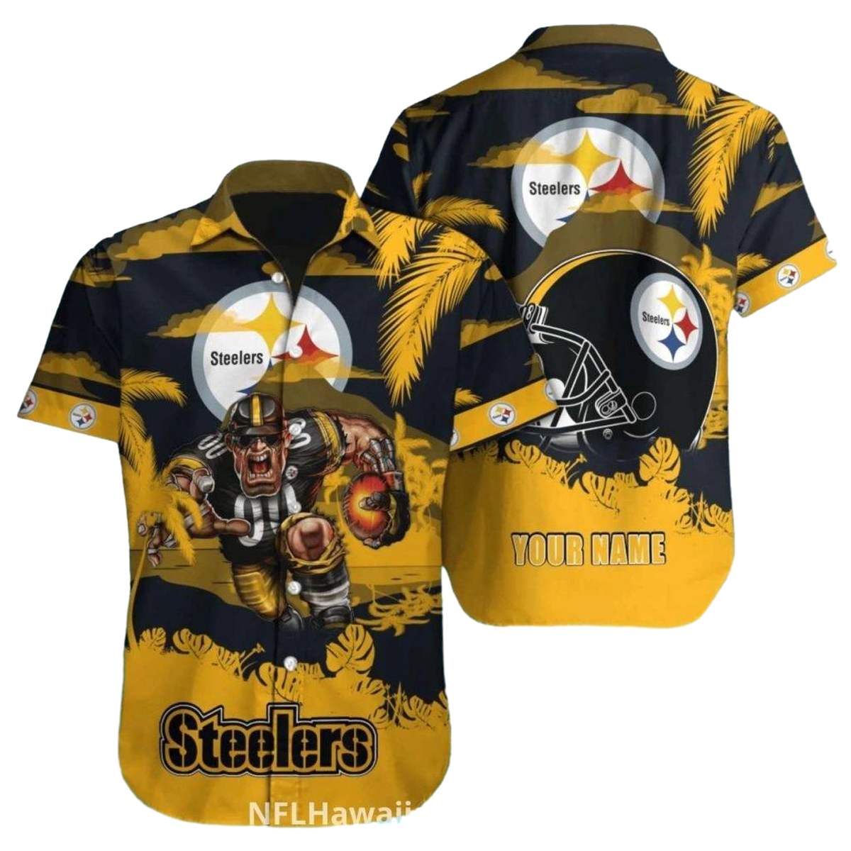 Personalized Pittsburgh Steelers Logo Helmet And Mascot Hawaiian Shirt - Moonbestprint