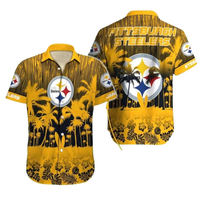 Personalized Pittsburgh Steelers Logo Palm Coconut Tree And Sunset Pattern Hawaiian Shirt - Moonbestprint