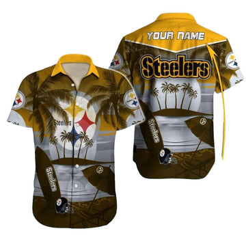 Personalized Pittsburgh Steelers Logo With Beach And Surfboard Hawaiian Shirt - Moonbestprint