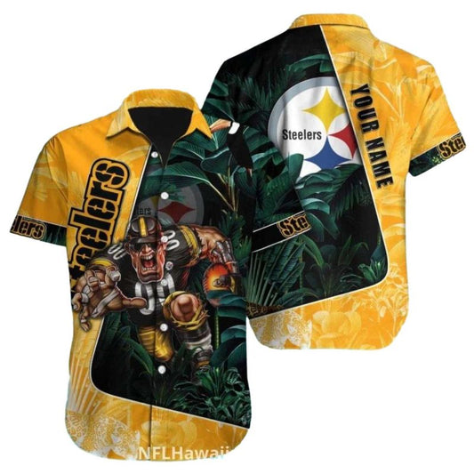 Personalized Pittsburgh Steelers Logo With Fierce Football Player Hawaiian Shirt - Moonbestprint