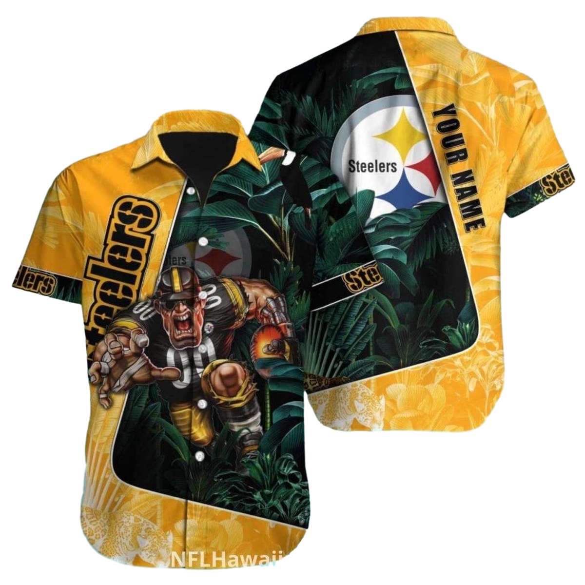 Personalized Pittsburgh Steelers Logo With Fierce Football Player Hawaiian Shirt - Moonbestprint