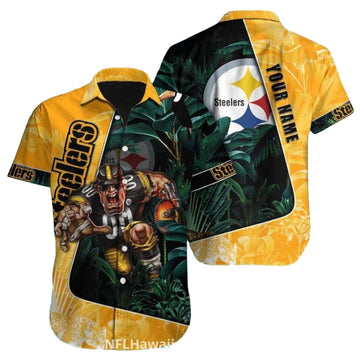Personalized Pittsburgh Steelers Logo With Fierce Football Player Hawaiian Shirt - Moonbestprint
