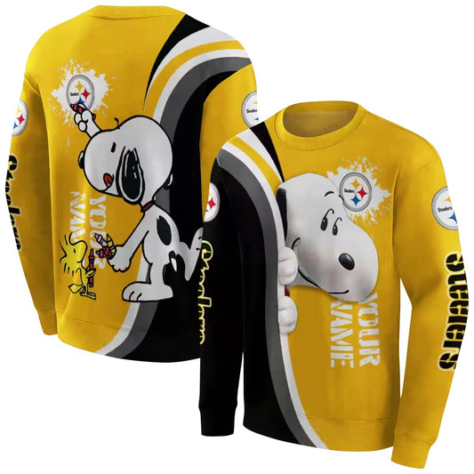 Personalized Pittsburgh Steelers Peeking Snoopy Gold AOP Sweatshirt - Moonbestprint