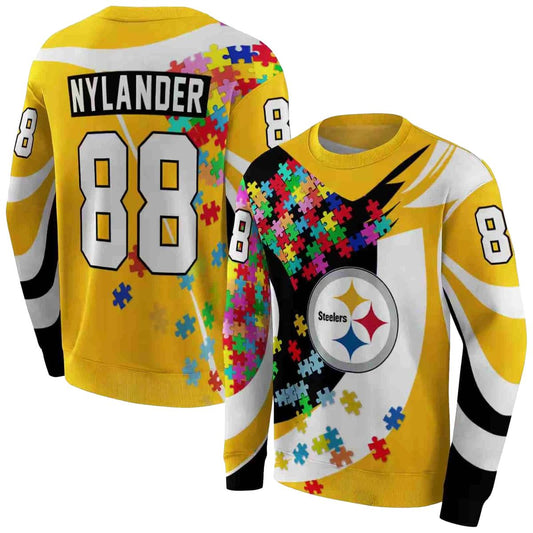 Personalized Pittsburgh Steelers Puzzle Pieces Gold AOP Sweatshirt - Moonbestprint