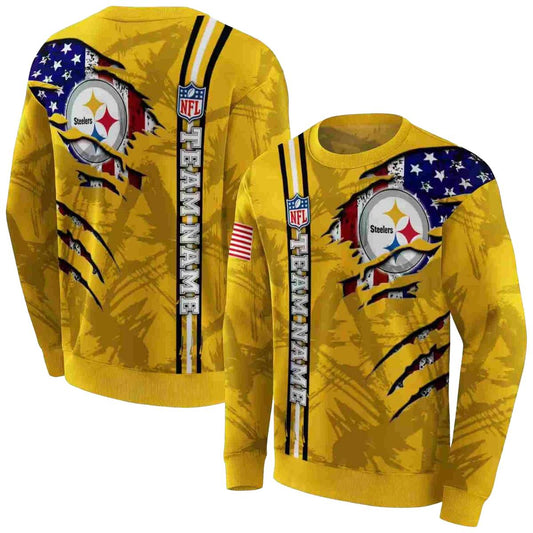 Personalized Pittsburgh Steelers Ripped Flag Gold AOP Sweatshirt - Moonbestprint