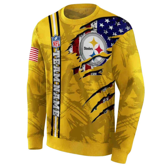 Personalized Pittsburgh Steelers Ripped Flag Gold AOP Sweatshirt - Moonbestprint
