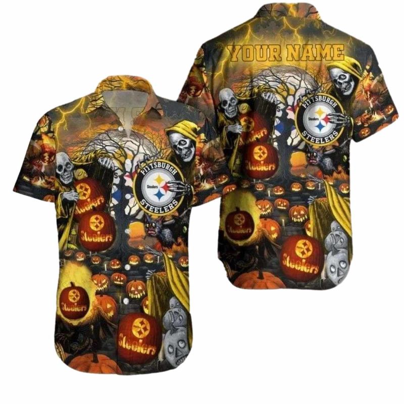 Personalized Pittsburgh Steelers Skeleton And Pumpkin Halloween Hawaiian Shirt - Moonbestprint