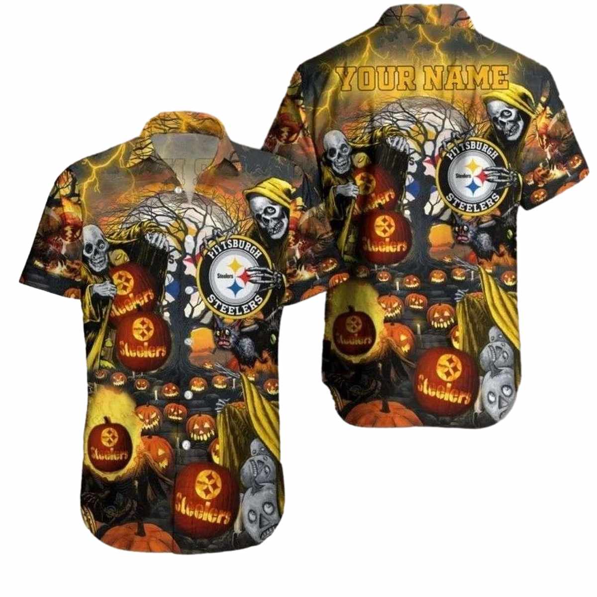 Personalized Pittsburgh Steelers Skeleton And Pumpkin Halloween Hawaiian Shirt - Moonbestprint