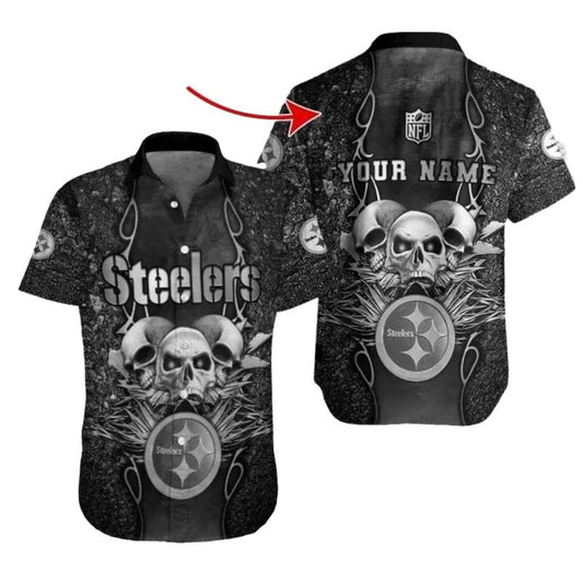 Personalized Pittsburgh Steelers Spirit Skulls And Armor Tropical Black Hawaiian Shirt - Moonbestprint