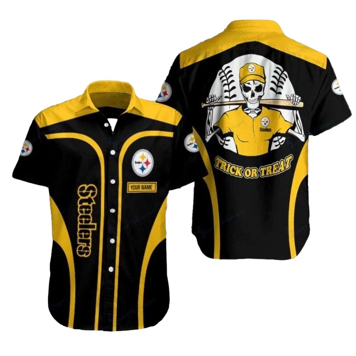 Personalized Pittsburgh Steelers Spooky Skeleton Quarterback Hawaiian Shirt - Moonbestprint