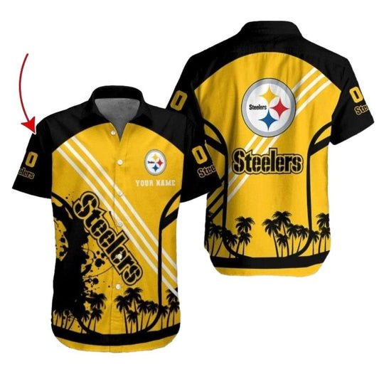 Personalized Pittsburgh Steelers Steel City Sunset Palms Yellow Hawaiian Shirt - Moonbestprint