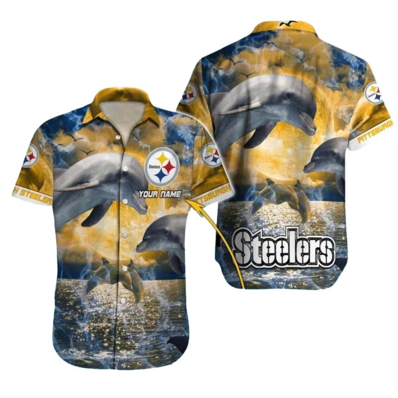 Personalized Pittsburgh Steelers Sunset Dolphins Ocean Waves Hawaiian Shirt - Moonbestprint