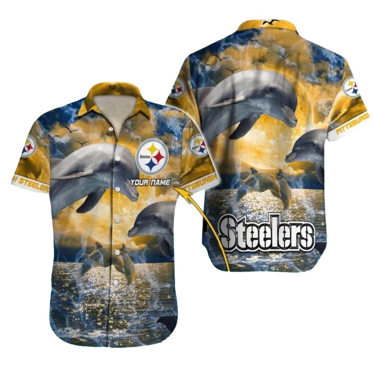 Personalized Pittsburgh Steelers Sunset Dolphins Ocean Waves Hawaiian Shirt - Moonbestprint