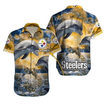 Personalized Pittsburgh Steelers Sunset Dolphins Ocean Waves Hawaiian Shirt - Moonbestprint