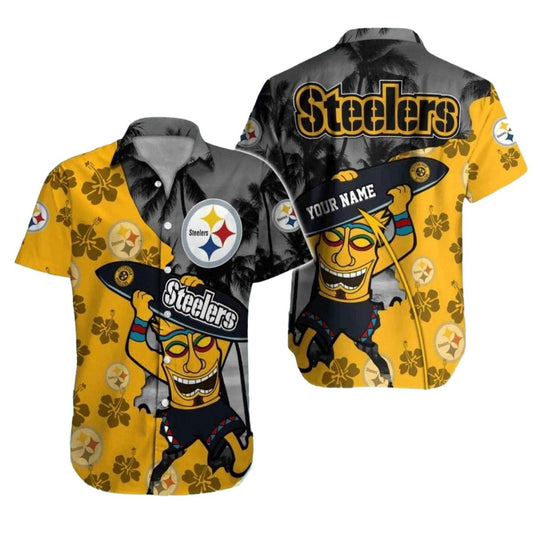 Personalized Pittsburgh Steelers Surf And Tiki Style Hawaiian Shirt - Moonbestprint