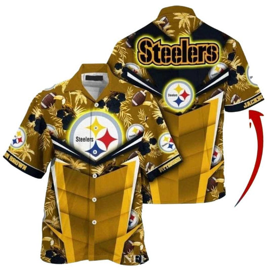 Personalized Pittsburgh Steelers Tiki Hut Palm Shadow Hawaiian Shirt - Moonbestprint