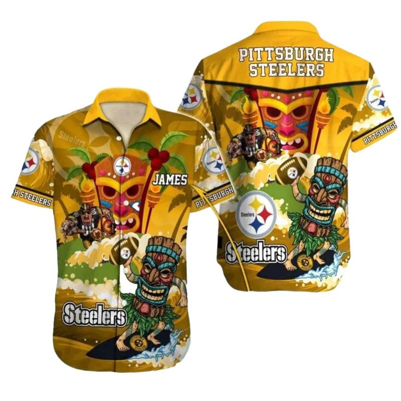 Personalized Pittsburgh Steelers Tiki Mask And Tropical Design Hawaiian Shirt - Moonbestprint